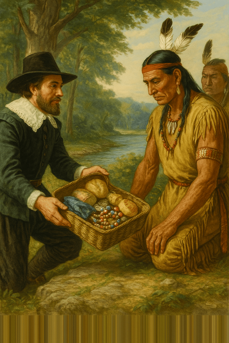 Illustration of Peter Minuit trading goods with Lenape people in 1626, symbolizing the $24 purchase of Manhattan in Inwood Park
