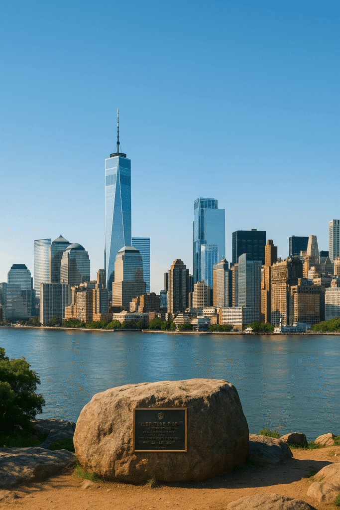 Shorakkopoch Rock in Inwood Park with Manhattan skyline in the background, a historic marker of the $24 Manhattan sale