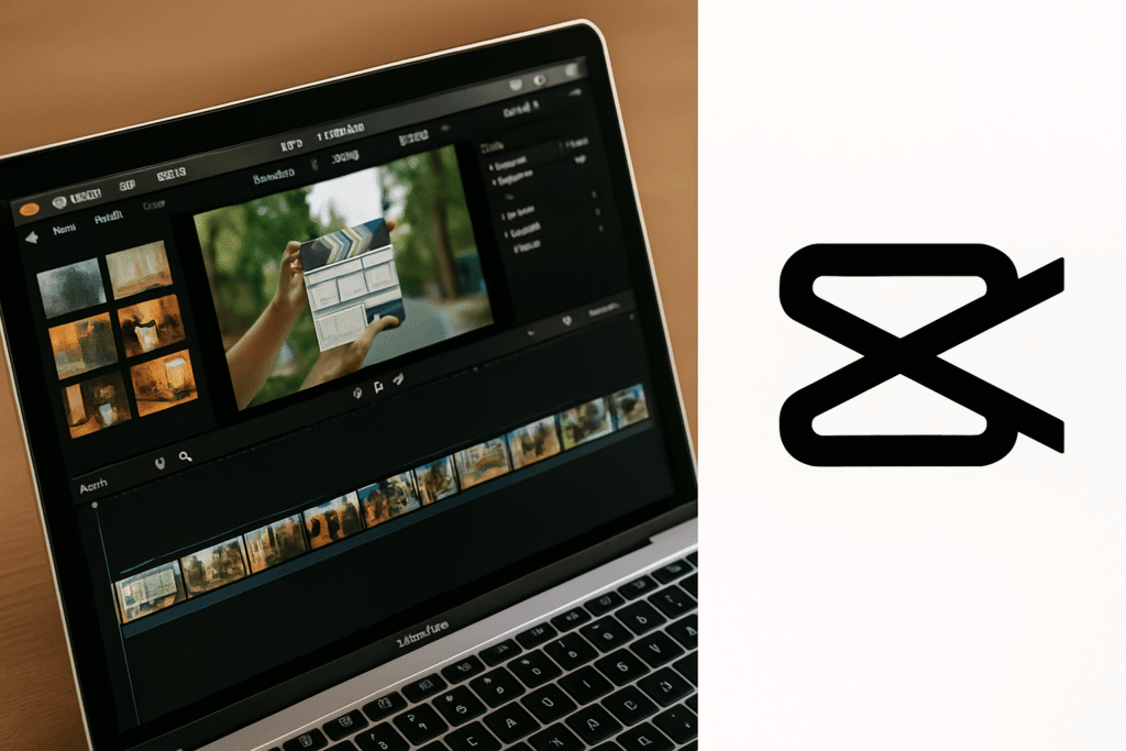 MacBook showing video editing software interface with CapCut logo — free video editing tools 2025