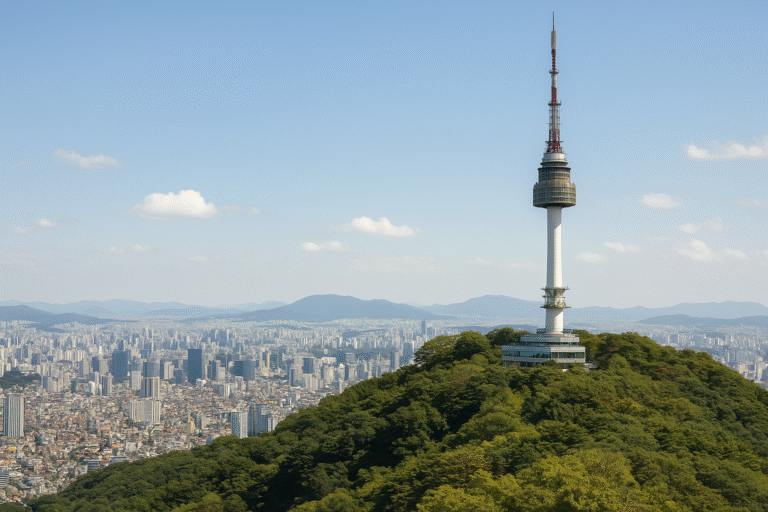 N Seoul Tower on Namsan Mountain overlooking Seoul city, featured in K-POP Demon Hunters as a beacon of light and symbol of love locks.