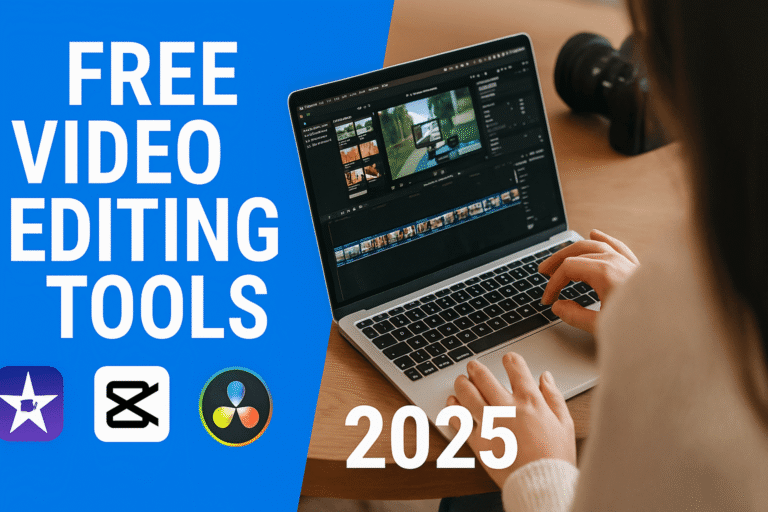 Best Free Video Editing Tools for Beginners (2025 Guide) 1 Thumbnail image for Best Free Video Editing Tools 2025 featuring iMovie, CapCut, and DaVinci Resolve